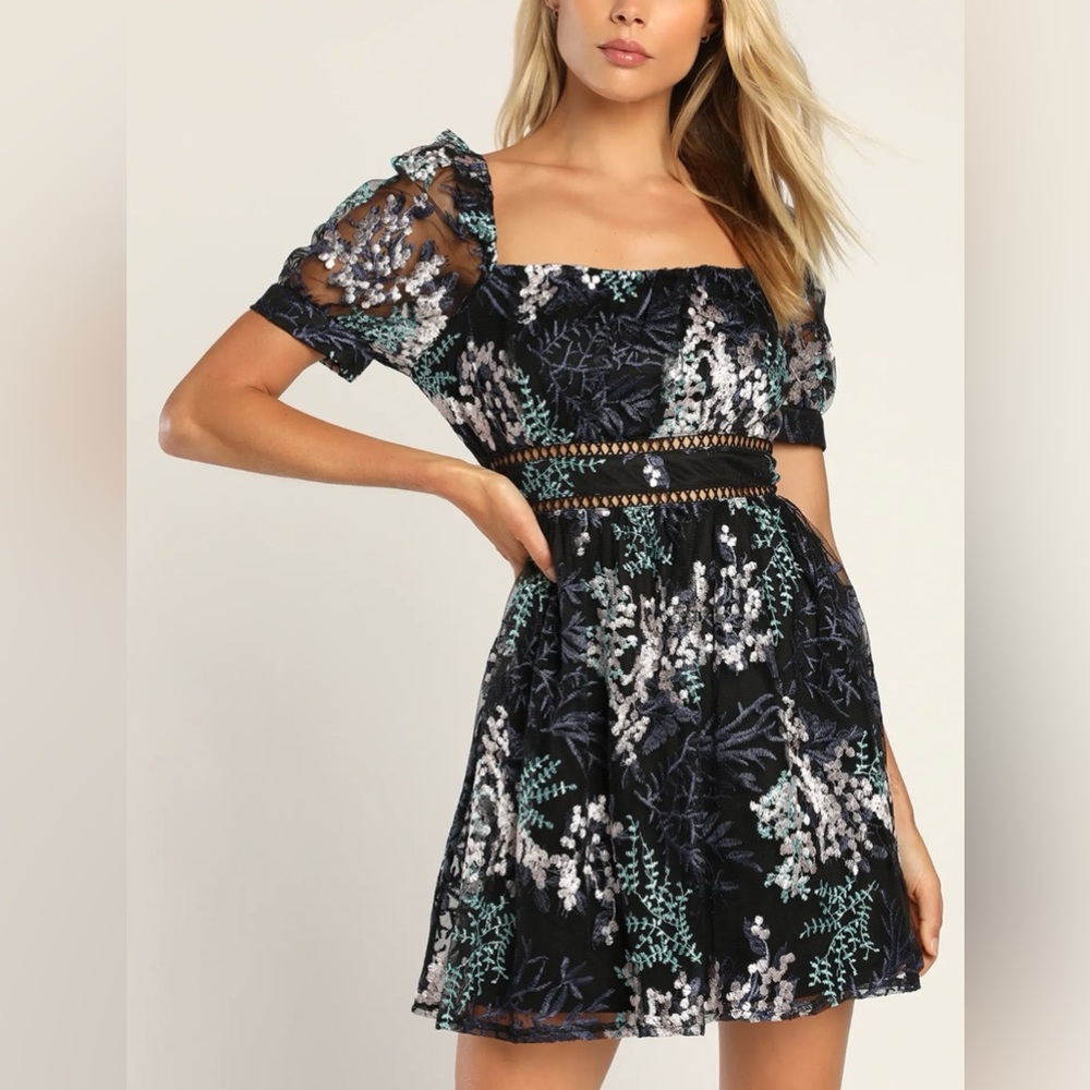 Lulus NWOT Radiant Love black embroidered mini dress, XL